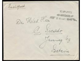 Niederländisch-Indien,  Notstempel L3  KDP-PTT / Medan / 2 Maart 1946  (KDP = Kantoor Displaced Persons) auf Luftpostbrief na