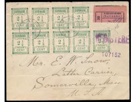 Suriname,  9 x Aushilfsausgabe 2 1/2 C. auf  Einschreibbrief  mit Stempel Paramaribo 17.5.15 nach USA, Durchgangsstempel Trin
