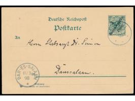 Ganzsache 3 Pesa mit blauem Stempel  Moschi  20.2.98 an Stabsarzt Dr. Simon in Dar-es-Salaam, Ankunftstempel 11.3.98, rücksei