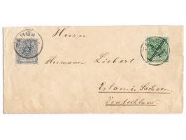 3 Pesa und  Mitläufer  Dt. Reich 2 Pf. auf Brief mit Stempel  Tanga  3.10.00 nach Deutschland, Ankunftstempel Erlau (Sachsen)