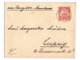 5 Pesa auf Brief mit Stempel  Tanga  16.1.04 nach Leipzig, Leitvermerk "via Zanzibar + Mombasa", rückseitig aber Durchgangste