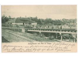Ansichtskarte  Zollgebäude mit Pier in Tanga,  Verlag Pereira, Tanga, beschriftet, ungelaufen, ca. 1905
