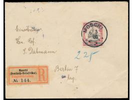 30 H. auf  Einschreibbrief  mit Stempel  Moschi  6.3.06 nach Berlin, R-Zettel Einfeldt Nr. 5, Durchgangstempel Tanga 12.3.06,