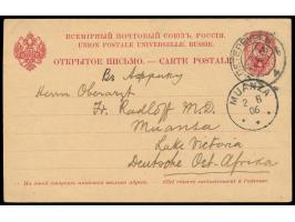 Russland-Ganzsache  4 Kop. mit Stempel  St. Petersburg  1.6.06 an Oberarzt  Dr. Franz Radloff  in Muanza, Ankunftstempel  Mua