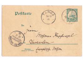 Ganzsache 4 H. mit Stempel  Mombo  14.11.06 an Missionar Kupfernagel in Daressalam, mit der Usambara-Bahn nach Tanga, Durchga