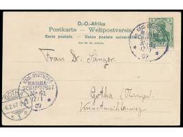 Stempel  MSP No. 51  17.1.07,  S.M.S. Bussard  in Saadani, zwei Abschläge auf Ansichtskarte Tanga, Frankatur Dt. Reich 5 Pf.,