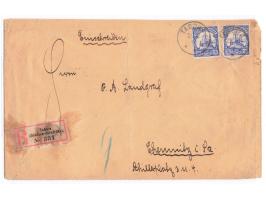 2 x 15 H. auf  Einschreibbrief  2. Gewicht, Stempel  Tabora  22.2.10, R-Zettel Einfeldt Nr. 7 (fleckig), nach Chemnitz, Ankun