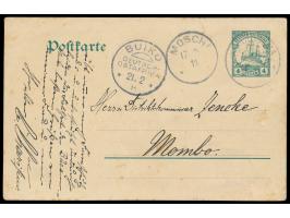 Ganzsache 4 H. mit Stempel  Aruscha  14.2.(11) nach Mombo, Durchgangstempel Moschi 17.2.11 und  Buiko  21.2.11, leicht stockf