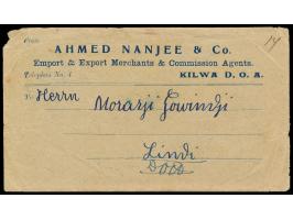 unfrankierter Dhaubrief aus indischer Korrespondenz von  Kilwa  nach Lindi, blaues Dienstsiegel der Zollverwaltung von Deutsc