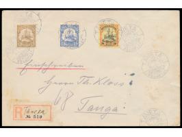 2 1/2, 15 und 20 H. (alle ohne Wasserzeichen!) auf  Einschreibbrief  mit Stempel  Taveta / Deutsche Feldpost  11.1.15, 7 Absc