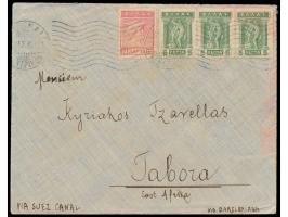 Griechenland &nbsp;3 x 5 L. und 10 L. auf Brief (mit Inhalt) aus Athen 28.2.1915 &nbsp;nach Tabora, &nbsp;Leitvermerk &quot;v