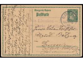 Bayern-Ganzsache 5 Pf.   mit Stempel Ebern 7.5.15 an August Batzner in Daressalam, seltener Leitstempel  "via Lissabon - Mosa