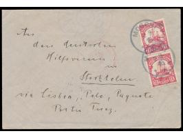 senkrechtes paar 7 1/2 H. auf unverschlossenem Brief an den Deutschen Hilfsverein in Stockholm, Stempel  Moschi  2.8.15, rote