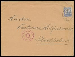 15 H. (kleine Zahnfehler) auf Brief an den Deutschen Hilfsverein in Stockholm, Stempel  Bagamojo  14.10.15 (Aushilfsjahreszah