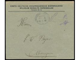 Brief mit vorderseitigem Absendereindruck "Erste Deutsche Ostafrikanische Bierbrauerei Wilhelm Schultz, Daressalam" mit viole
