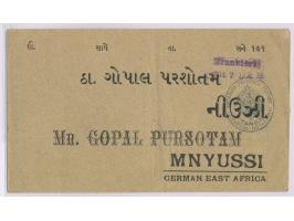 Tanga-Vorausfrankierungsumschlag  mit gedruckter zweisprachiger (Indisch / deutsch) Anschrift "... Mr. Gopal Pursotam, Mnyuss