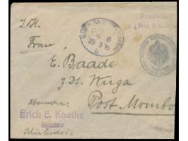 Vorausfrankierungsumschlag von Tanga  mit Bahnpoststempel  Usambara (Deutsch-Ostafrika) b  25.3.16 (Aushilfsjahreszahl) nach 