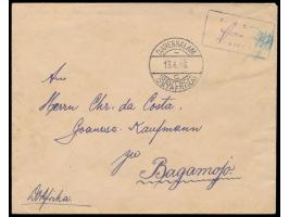 Brief mit Stempel Daressalam c 13.4.16 und violettem R3 &nbsp;Fr. lt. Einn. Nachw. in Daressalam &nbsp;nach Bagamojo, handsch