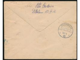 Brief mit Stempel Daressalam c 13.4.16 und violettem R3 &nbsp;Fr. lt. Einn. Nachw. in Daressalam &nbsp;nach Bagamojo, handsch