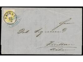 Ausgabe 1860 2 Kr. auf Faltdrucksache mit gedrucktem Inhalt, Marke mit blauer Firmenstampiglie "Carl Wasser / Triest"  voraus