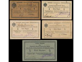 Interims-Banknoten: &nbsp;ca. 110 Banknoten zu 1 Rupie 3 Banknoten zu 5 Rupien, Ausgabedatum 1. November 1915, 1. Dezember 19