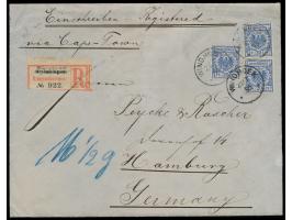 3 x  Vorläufer  20 Pf. auf  Einschreibbrief  2. Gewicht mit Stempel  Windhoek  21.7.95 "via Cape Town" nach Hamburg,  R-Zette