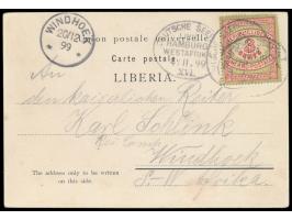 Ansichtskarte mit  Liberia 3 C.  und Stempel Deutsche Seepost  Linie Hamburg - Westafrika XVI.  4.11.99, Dampfer Thekla Bohle
