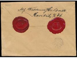 2 x 25 Pf. auf  Einschreibbrief  mit Stempel  Karibib  1.1.06 nach Lübeck, R-Zettel Einfeldt Nr. 4, rückseitig zwei Lacksiege