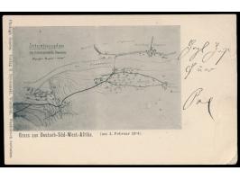 2 verschiedene Ansichtskarten  Omaruru 4. Februar 1904  (Gefechtsfeld bzw. Situationsplan), Verlag B. Szymanski, Windhuk, bei