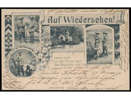 Ansichtskarte "Auf Wiedersehen! -  Letzter Gruß vor Abreise nach Süd-Westafrika vom Truppenübungsplatz Munster. " mit vier Bi