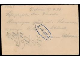 Ganzsachen-Frageteil 10 Pf.  mit Stempel  Viktoria (Kamerun-Gebiet)  27.4.90 nach Darmstadt, auf Pfennig-Ausgabe seltener Ste