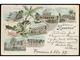 Litho-AK  "Gruss aus Kamerun" mit sieben Einzelbildern, Frankatur 10 Pf., Stempel  Kamerun  18.7.97, Ankunftstempel Sayda 22.