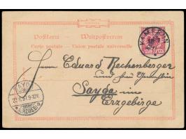 Litho-AK  "Gruss aus Kamerun" mit sieben Einzelbildern, Frankatur 10 Pf., Stempel  Kamerun  18.7.97, Ankunftstempel Sayda 22.