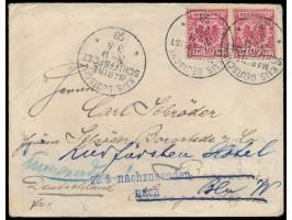 Stempel  MSP No. 9  3.5.98,  S.M.S. Habicht  in Kamerun, drei Abschläge auf Brief mit Paar 10 Pf. nach Bremen, Absenderangabe