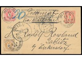 Ausgabe 1883: Weltpostverein-Postkarte 5 Kr. mit Zusatzfrankatur 2 Kr. und 5 Kr. als &nbsp;Rohrpost-Fernkarte &nbsp;(Bahnhofs