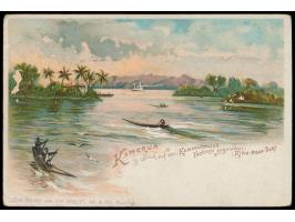 Einzelfrankatur 3 Pf. mit besserer Farbe  lebhaftbraunocker  auf Litho-AK "Blick auf den Kamerunfluss" (Reklame der Fa. Maeth