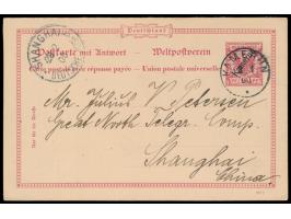 Ganzsache 10 Pf. und Ganzsachen-Doppelkarte 10 Pf., beide mit Stempel Kamerun 3.1.00 bzw. 1.2.00 nach Shanghai / China und An