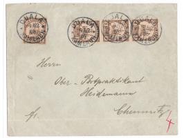 4 x 3 Pf. auf Brief mit Stempel  Duala  9.12.05 nach Chemnitz, Ankunftstempel 7.1.06, unten waagerechter Bug
Postleitzahl: 09