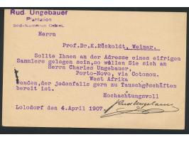 Ganzsache 5 Pf. mit Stempel  Lolodorf  29.7.07 nach Weimar, rückseitig Absenderstempel "Rud. Ungebauer, Plantation, Süd-Kamer