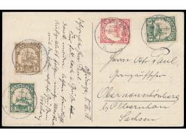 Stempel  Ossidinge  10.3.10, vier Abschläge auf Ansichtskarte "Haussa-Dorf in Beseke", Frankatur 3, 2 x 5 und 10 Pf., nach Ob