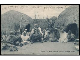 Stempel  Ossidinge  10.3.10, vier Abschläge auf Ansichtskarte "Haussa-Dorf in Beseke", Frankatur 3, 2 x 5 und 10 Pf., nach Ob