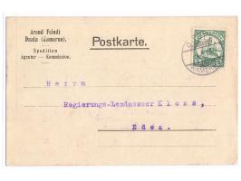 5 Pf. auf Firmen-Postkarte mit vorderseitigem Absendereindruck "Arend Feindt, Duala ...", Gitterstempel  Duala  4.8.1, nach E