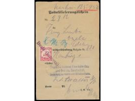 10 Pf. vorderseitig auf  Postablieferungsschein  (Formular C. 63. II a.) als  Einziehungsgebühr  für einen Nachnahme-Einschre