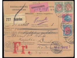 Nachnahme-Paketkarte  aus den  Niederlanden  für ein Paket nach Kamerun, Frankatur Königin Wilhelmina 15 C., 25 C. und 2 x 50