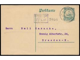 Ganzsache 5 Pf., geschrieben in Rio del Rey 20.7.1914, Stempel  Bibundi  27.7.14, nach Dresden. Der letzte Friedenspostabgang