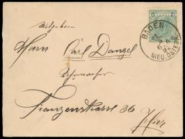 Ausgabe 1890 3 Kr. mit Zähnung L 10 mit waagerechter  Doppelzähnung L 10  auf Ortsbrief, Stempel  Baden Nied. Österr.  1.5.92