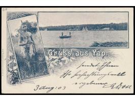 Zweibild-Ansichtskarte  "Gruss aus Yap"  - Eingeborener / Panorama von Yap, Frankatur 3 Pf. und 5 Pf., Stempel  Yap   1.8.03,