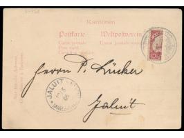 1905: 10 Pf.  senkrecht halbiert  (linke Hälfte) mit Dienstsiegel-Entwertung KDPAg Ponape auf Ansichtskarte nach Jaluit mit A