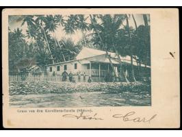 1905: 10 Pf.  senkrecht halbiert  (linke Hälfte) mit Dienstsiegel-Entwertung KDPAg Ponape auf Ansichtskarte nach Jaluit mit A