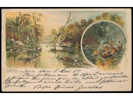 1905:  Halbierung  10 Pf. (rechte Hälfte) mit  Dienstsiegel-Entwertung  KDPAg Ponape auf mehrfarbiger Ansichtskarte (Sturmsch